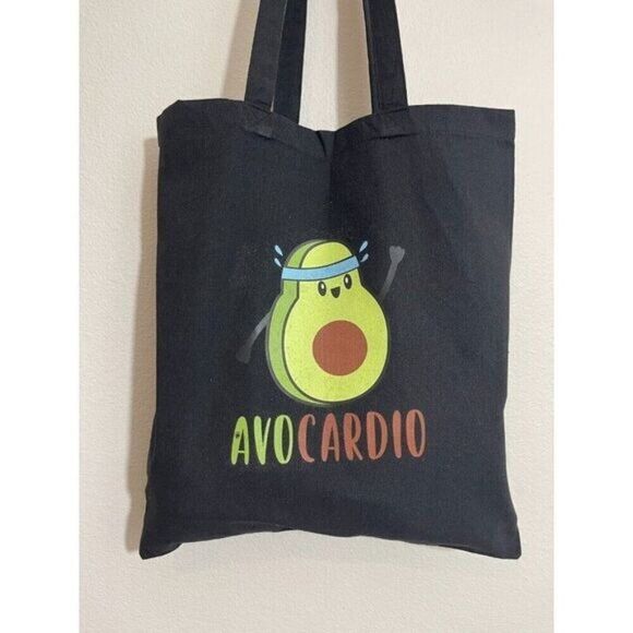 Reusable Grocery Shopper Gym Tote Bag Avocado AvoCardio Graphic Black Cotton - Picture 1 of 11